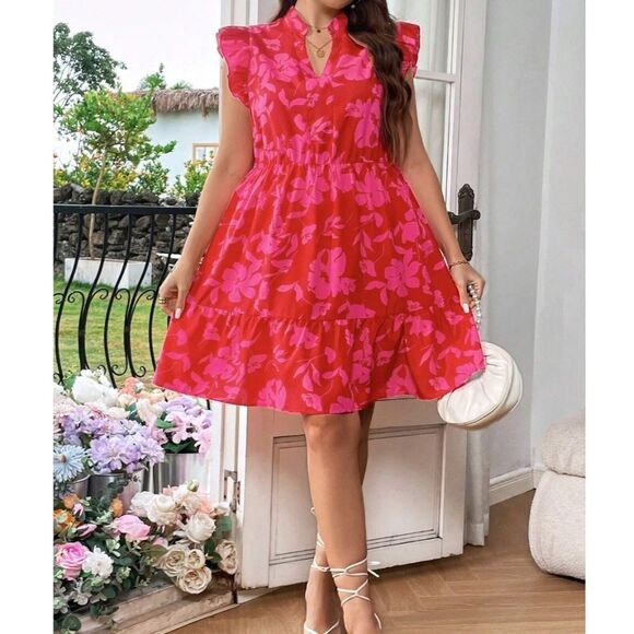 NEW SHEIN VCAY Plus Floral Print Notched Neck Ruffled Hem Sundress 18/3XL PINK - Picture 1 of 11